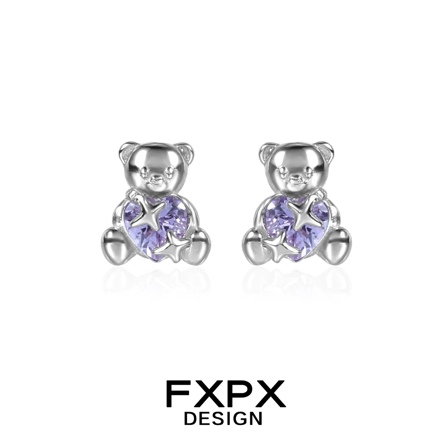 FXPX purple bear stud earrings featuring heart-shaped purple gemstones for a cute accessory