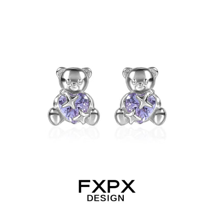 FXPX purple bear stud earrings featuring heart-shaped purple gemstones for a cute accessory