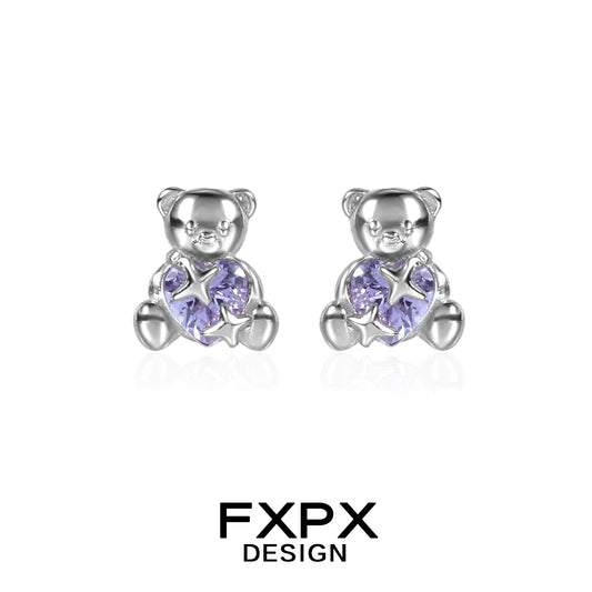 FXPX purple bear stud earrings featuring heart-shaped purple gemstones for a cute accessory