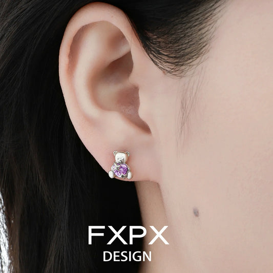 Purple bear stud earrings from FXPX designed with sparkling gemstones for a cute look