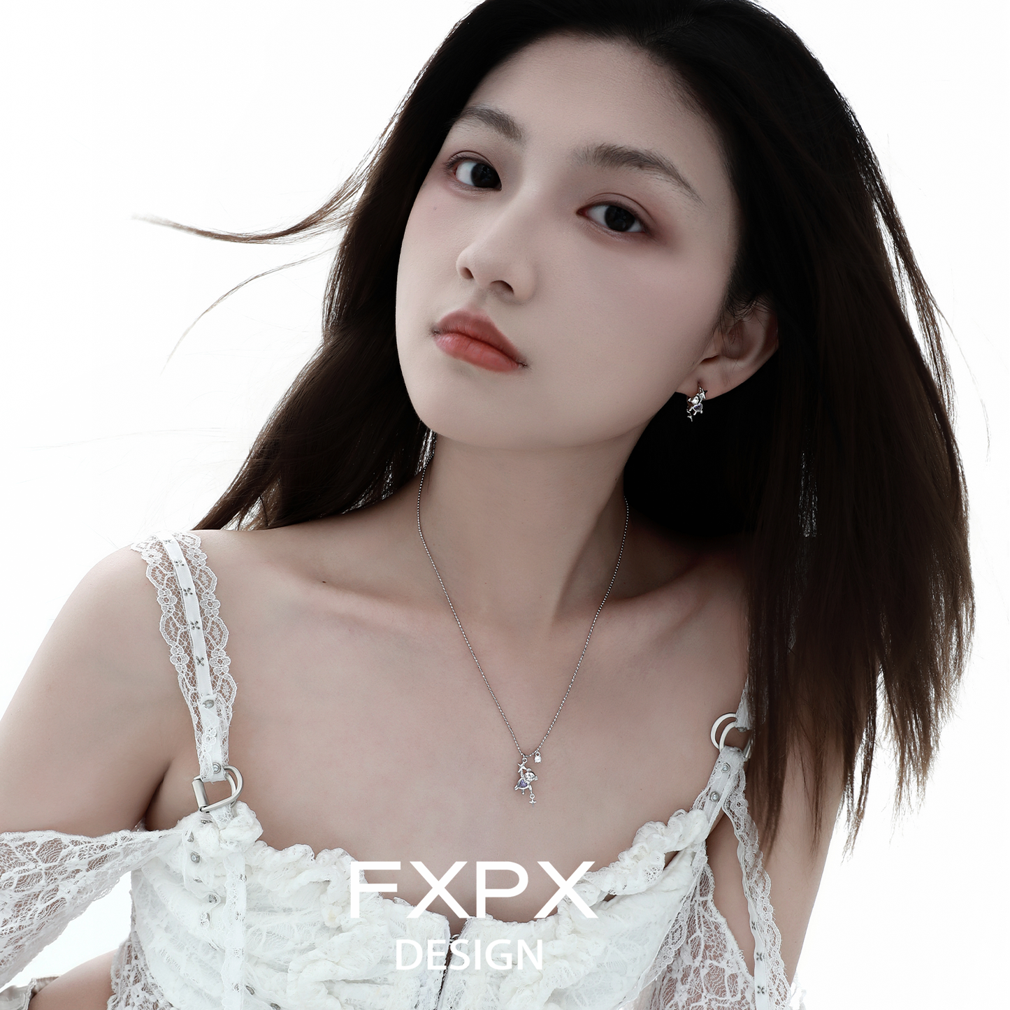 FXPX purple zircon bear necklace featuring a delicate design worn by a model