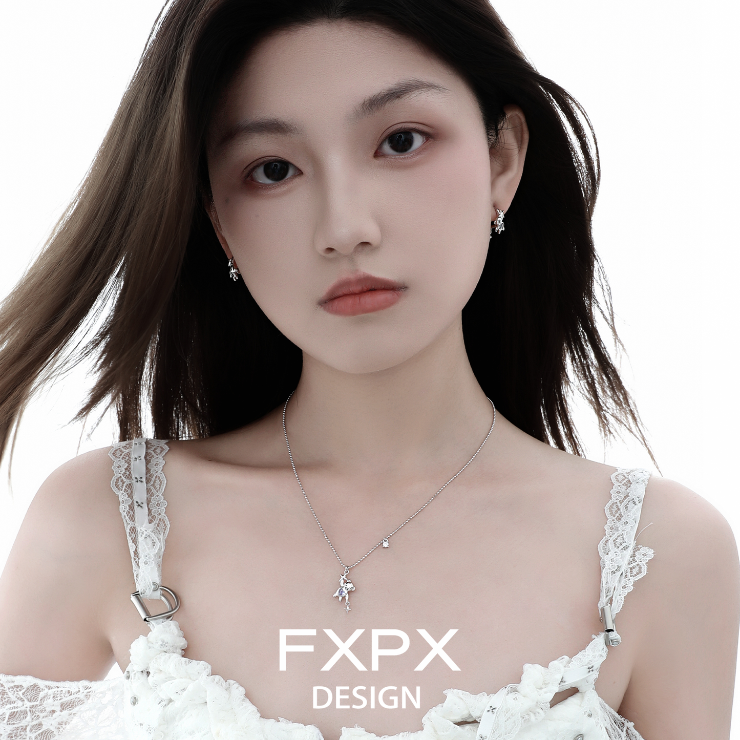 FXPX purple zircon bear necklace on model, showcasing elegant design and sparkling details