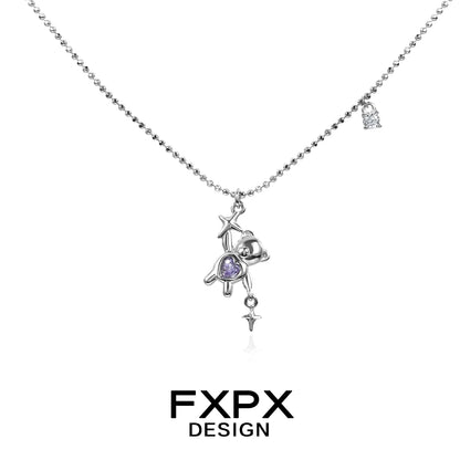 FXPX purple zircon bear necklace with star charm, crafted in elegant silver for a stylish look