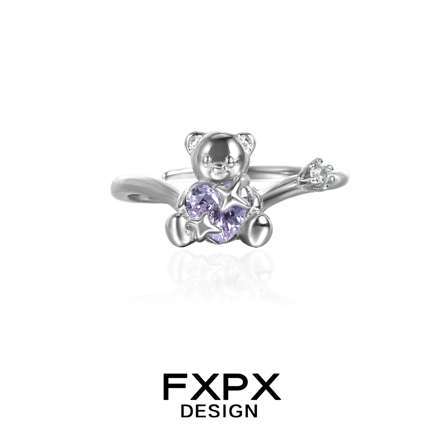 Silver FXPX purple zircon bear ring featuring a cute bear and star design