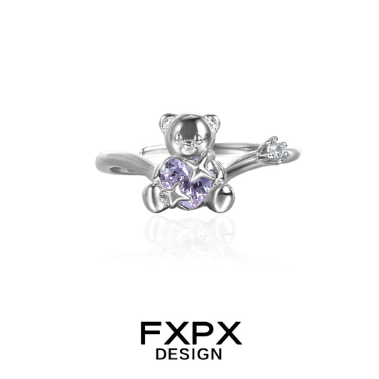 FXPX purple zircon bear ring featuring a cute bear with a sparkling purple gem