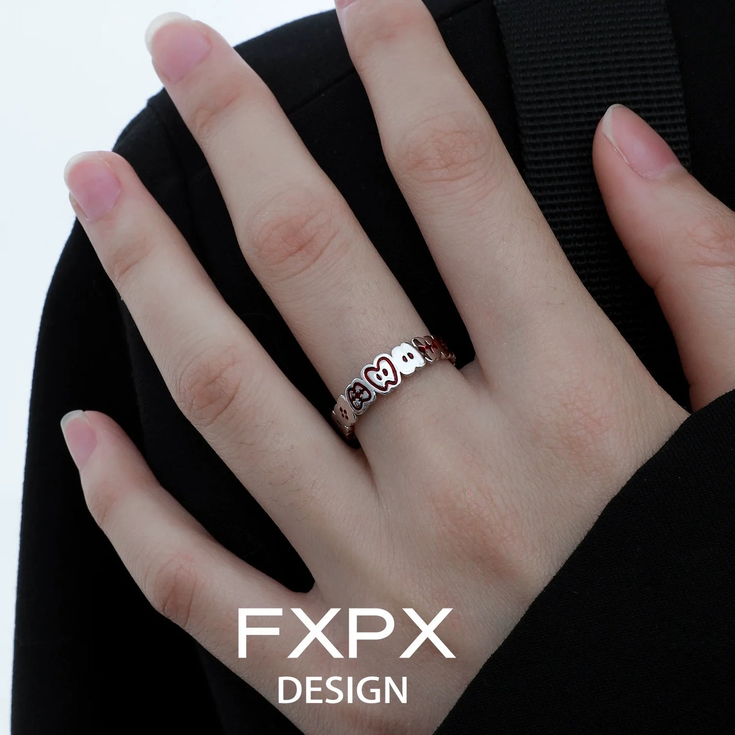 Stylish FXPX red green apple ring made of durable metal with playful design for everyday wear
