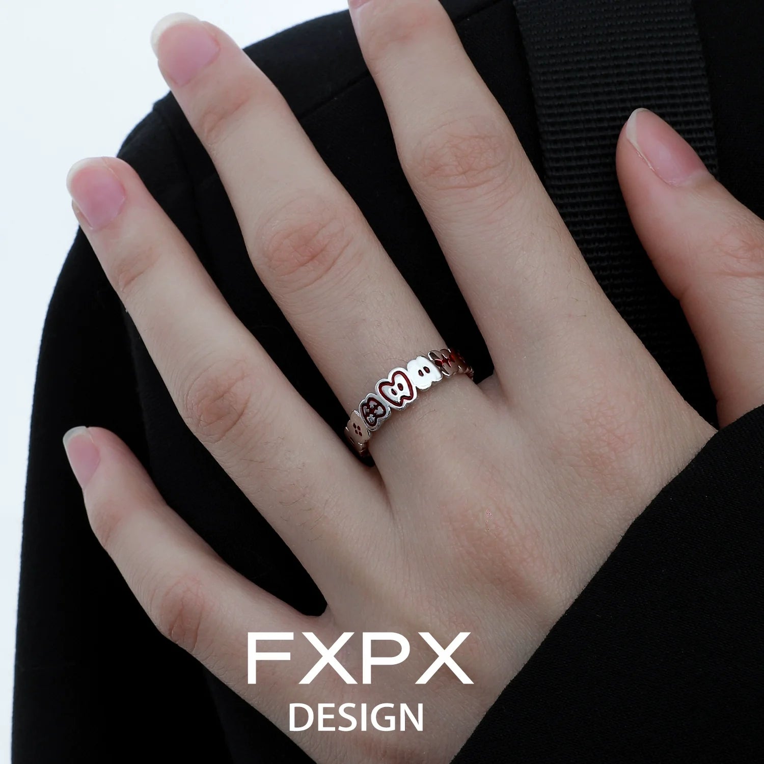 Stylish FXPX red green apple ring made of durable metal with playful design for everyday wear