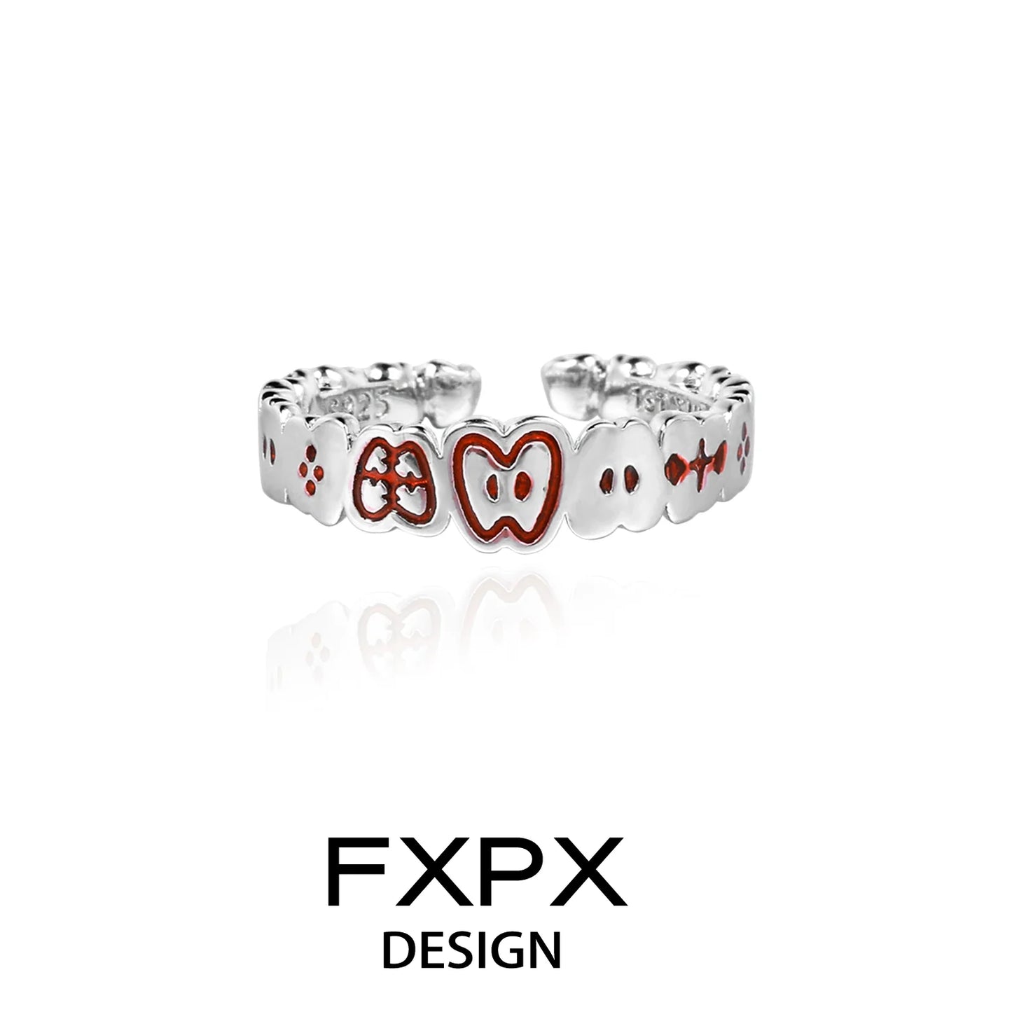 FXPX Red Green Apple Ring in Silver with Cute Apple Design for Fun Accessories