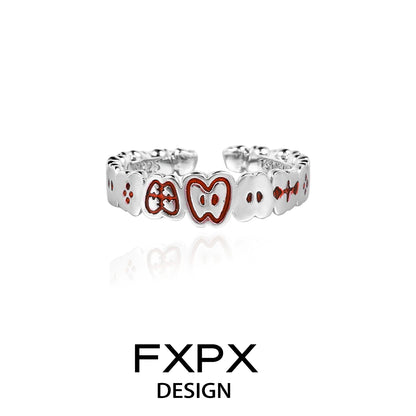 FXPX Red Green Apple Ring in Silver with Cute Apple Design for Fun Accessories