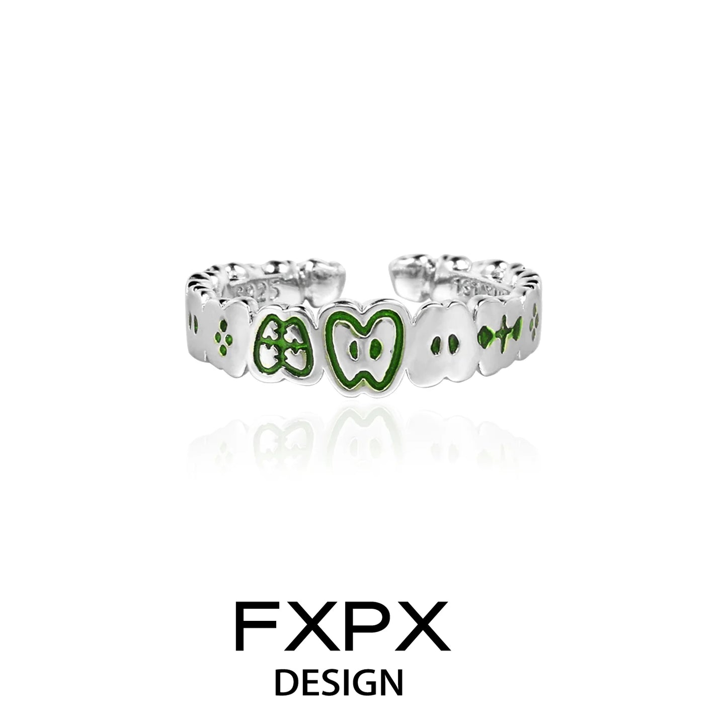 Stylish FXPX silver ring featuring red green apple design with playful fruit motifs