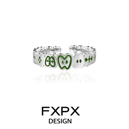 Stylish FXPX silver ring featuring red green apple design with playful fruit motifs