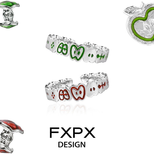 FXPX red green apple ring set featuring playful apple designs in vibrant colors