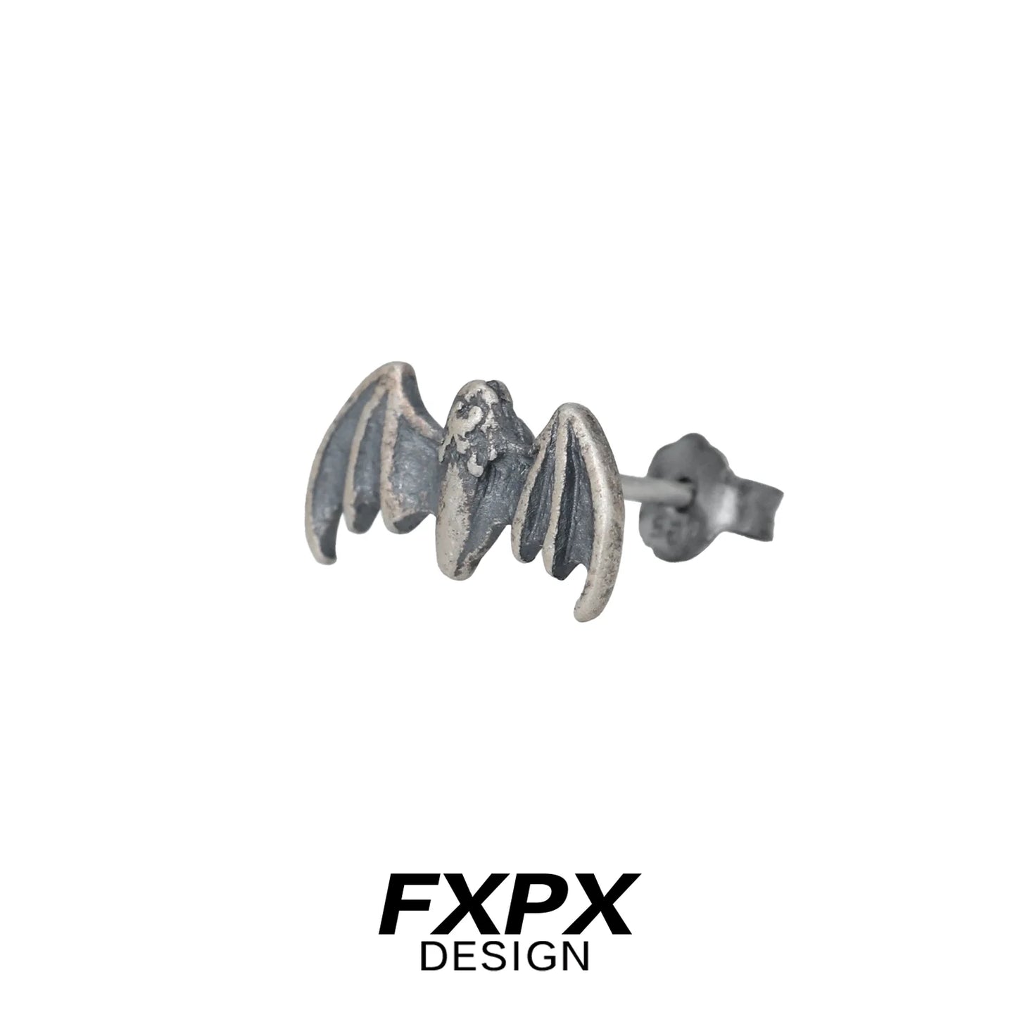 FXPX retro bat stud earrings in antique silver finish, perfect for a unique Halloween look