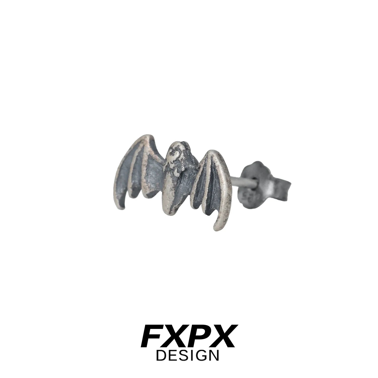 FXPX retro bat stud earrings in antique silver finish, perfect for a unique Halloween look