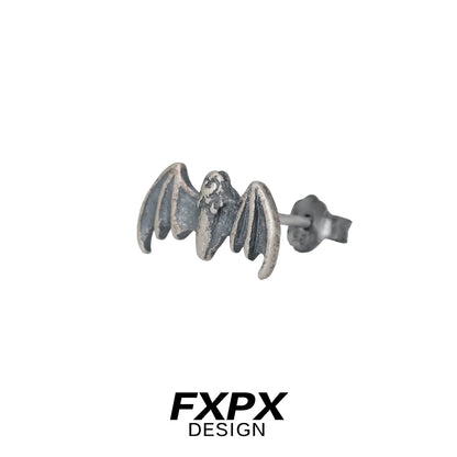 FXPX retro bat stud earrings in antique silver finish, perfect for a unique Halloween look
