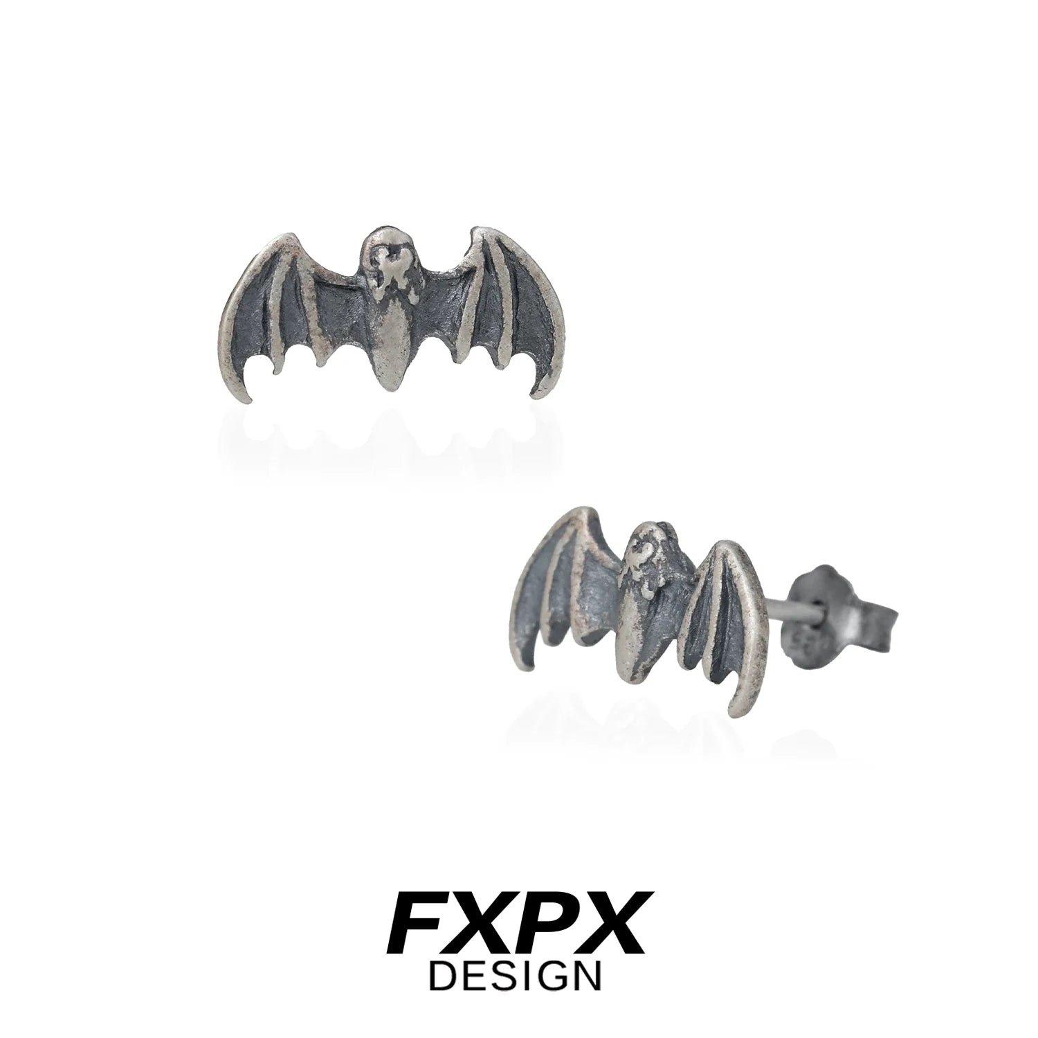 FXPX retro bat stud earrings in silver with intricate bat design for stylish accessories