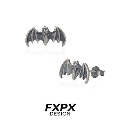 FXPX retro bat stud earrings in silver with intricate bat design for stylish accessories