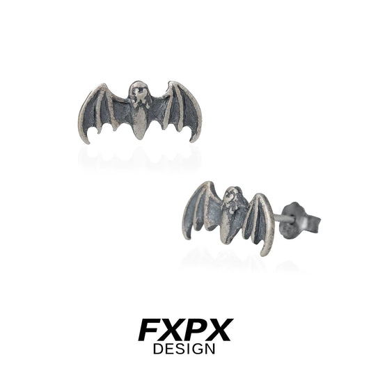 FXPX retro bat stud earrings in antique silver with detailed bat design for a gothic look