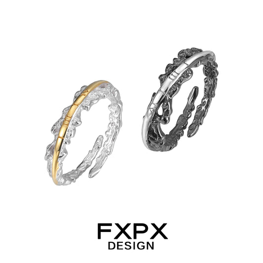 FXPX Roman numeral couple rings in silver and gold, featuring unique textured designs