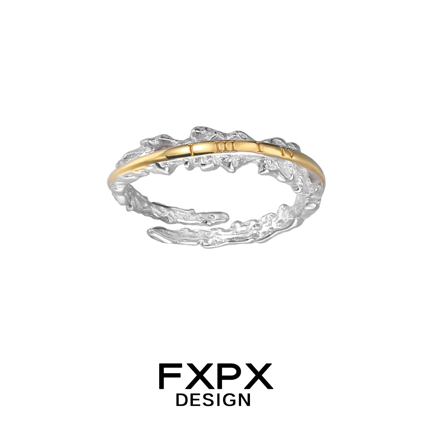 Elegant FXPX roman numeral couple rings featuring a unique twisted design with gold and silver tones.
