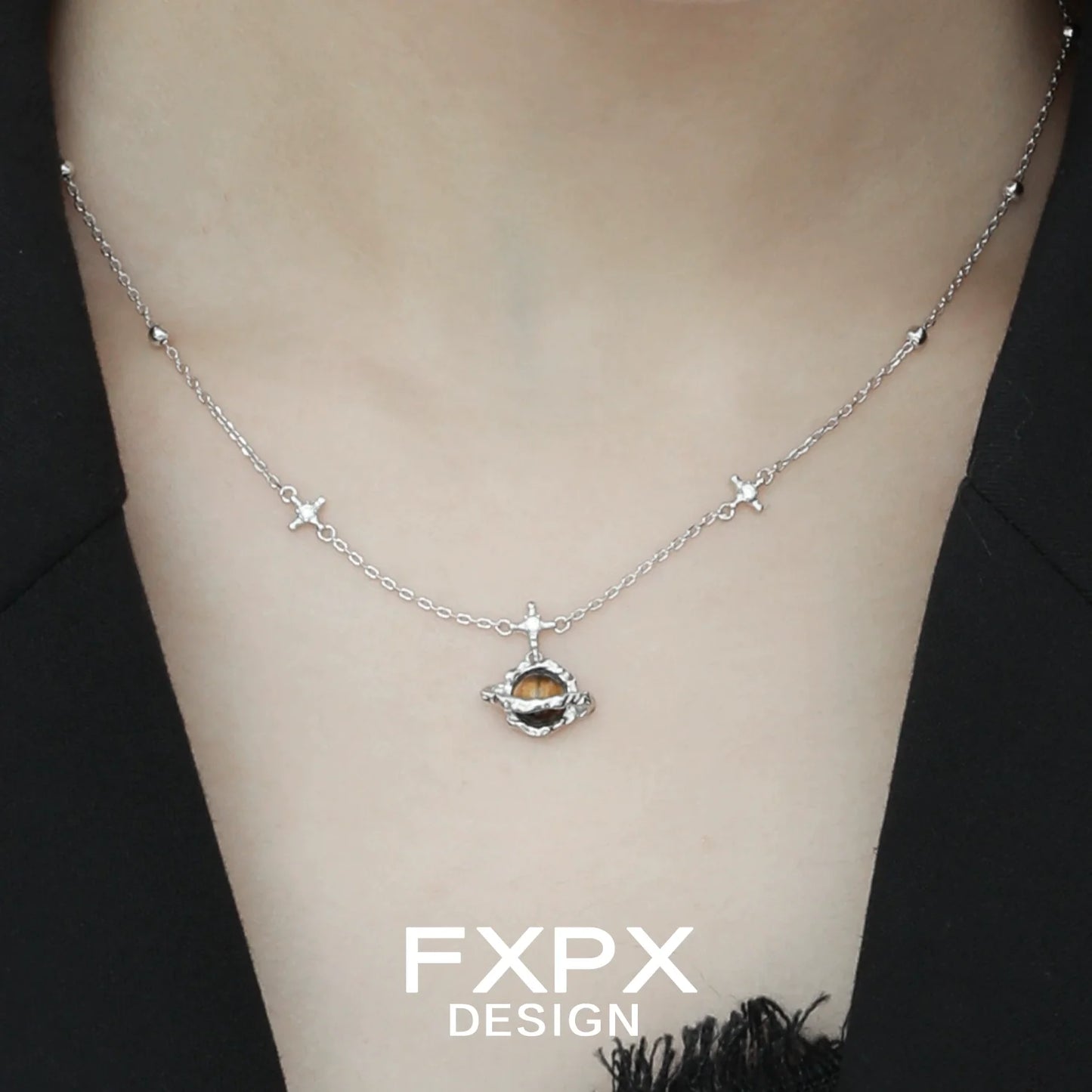 FXPX Saturn Tiger's Eye Necklace with Silver Chain and Unique Eye Design for Elegant Style