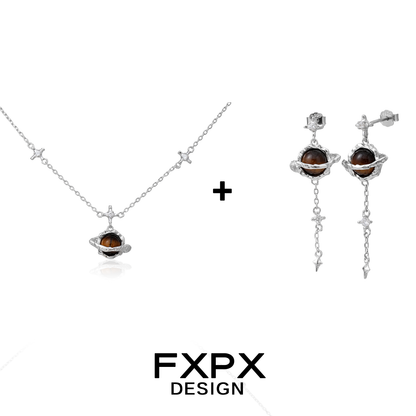FXPX Saturn Tiger's Eye Necklace in Silver with Star Accents for Elegant Style