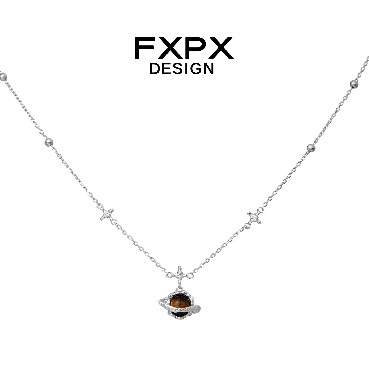 FXPX Saturn Tiger's Eye Necklace with Silver Chain and Star Accents for a Stylish Look