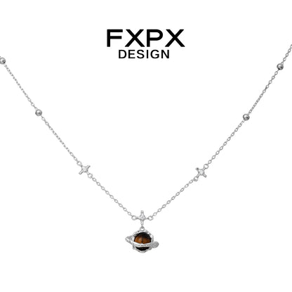 FXPX Saturn Tiger's Eye Necklace with Silver Chain and Star Accents for a Stylish Look