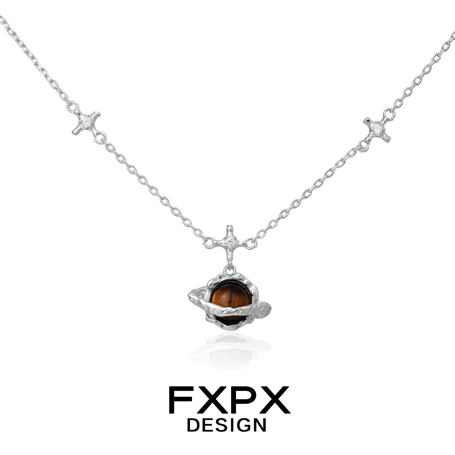 FXPX Saturn Tiger's Eye Necklace featuring a unique planet design with a shimmering gemstone