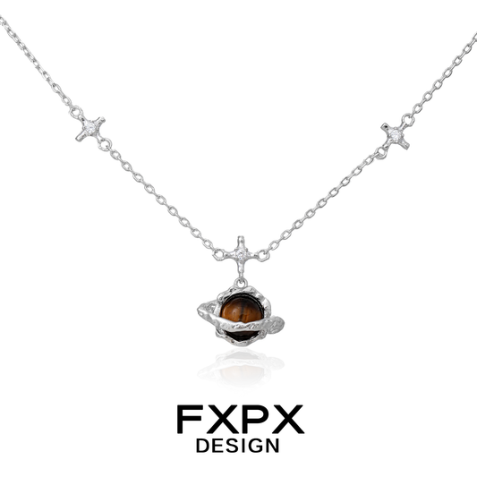 FXPX Saturn Tiger's Eye Necklace featuring a unique planet design with a shimmering gemstone