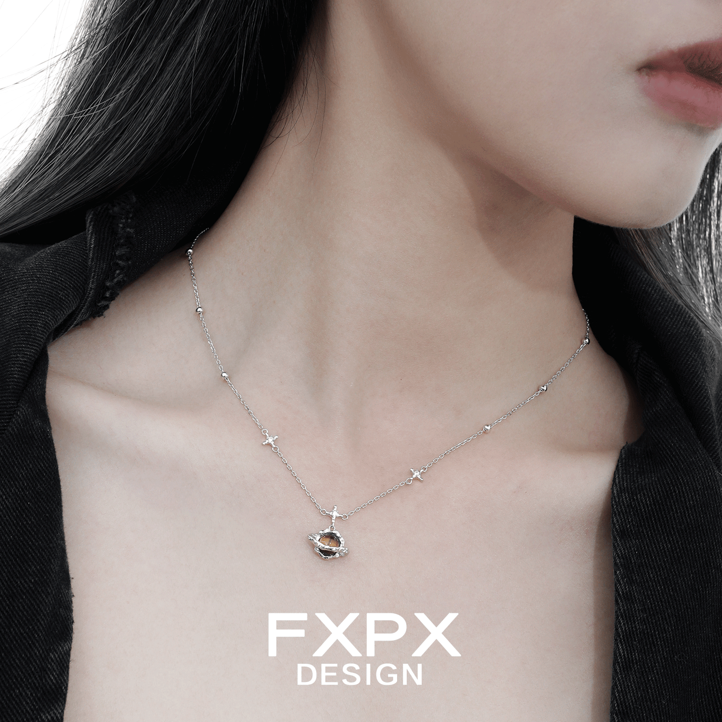 FXPX Saturn Tiger's Eye Necklace with Silver Chain and Star Accents, Perfect for Everyday Wear