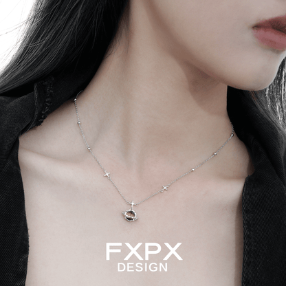 FXPX Saturn Tiger's Eye Necklace with Silver Chain and Star Accents, Perfect for Everyday Wear