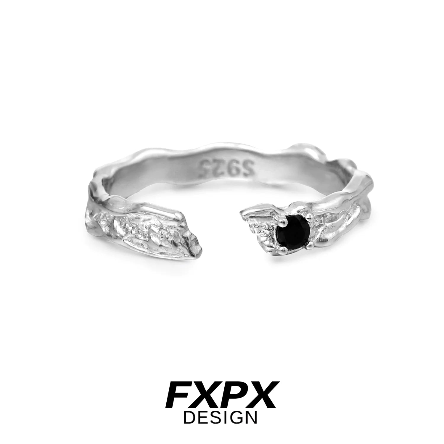 FXPX Secret Bond Couple Rings in Silver with Unique Leaf Design and Black Stone Accent