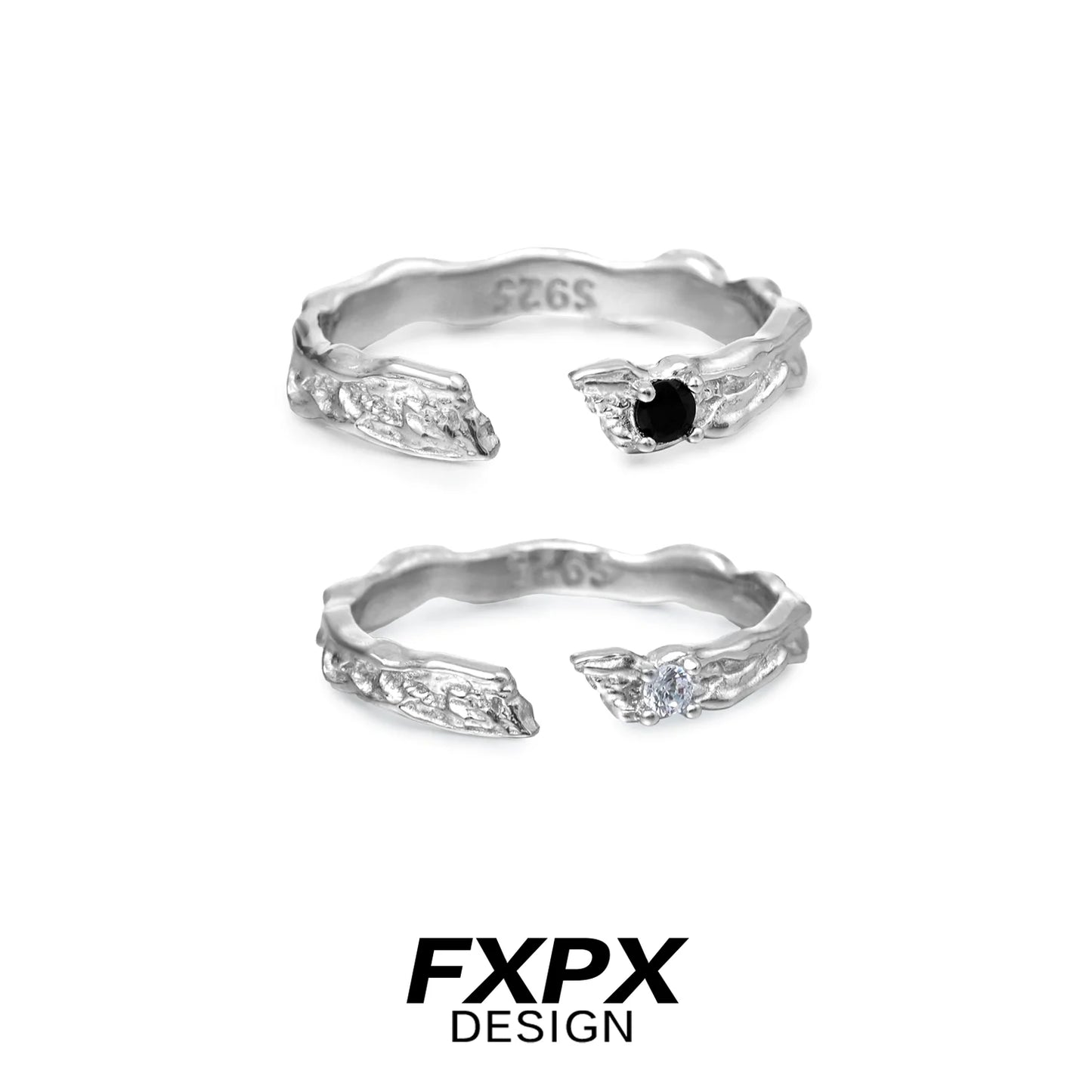 FXPX secret bond couple rings in silver, featuring an elegant design with black and white stones