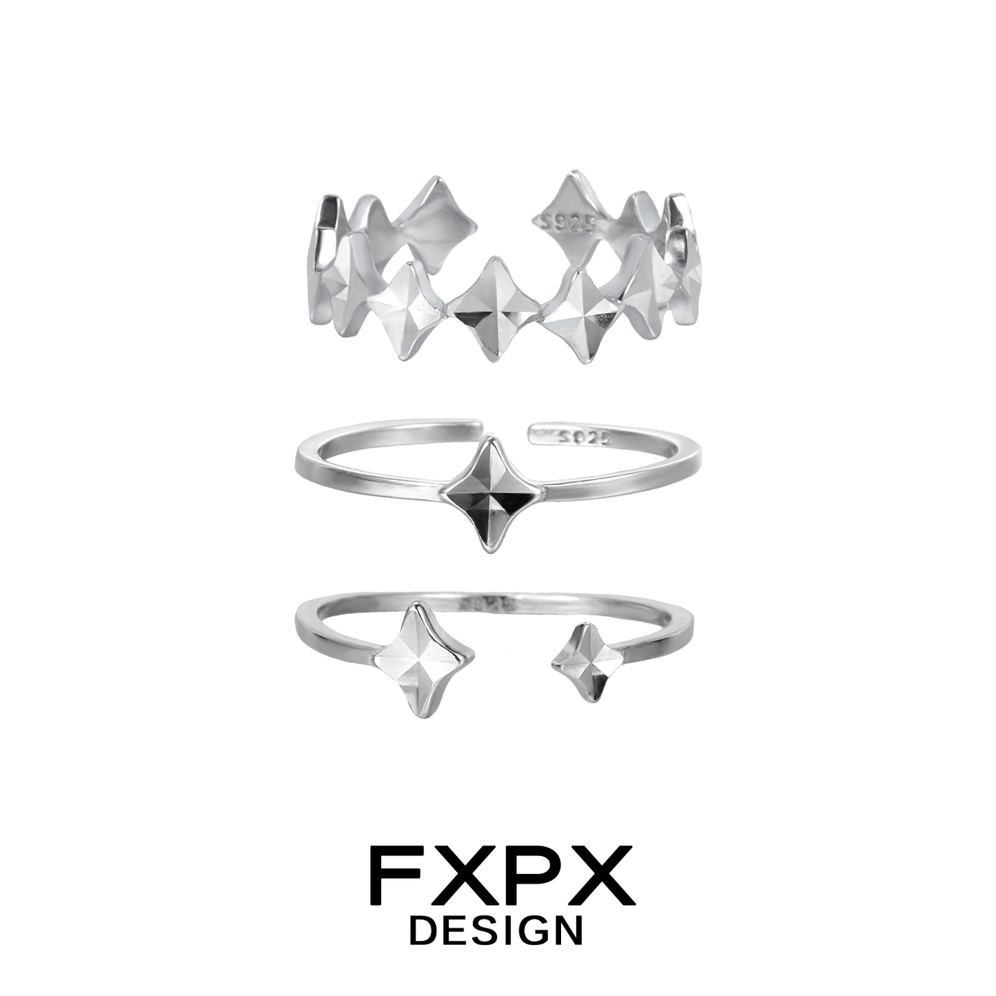 FXPX sentinel star couple rings set with unique geometric designs in silver metal