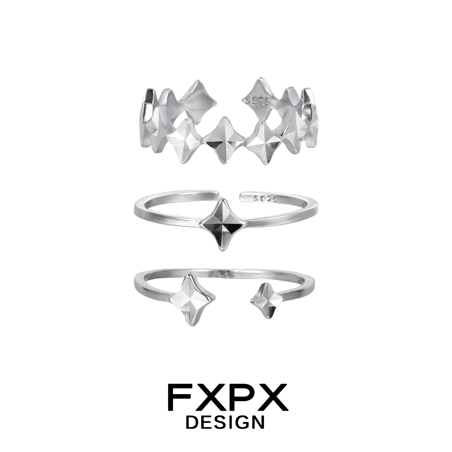 FXPX sentinel star couple rings set with unique geometric designs in silver metal