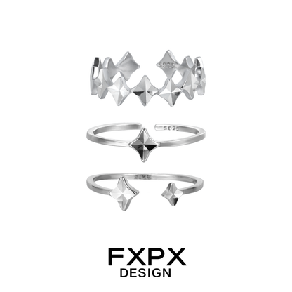FXPX sentinel star couple rings set with unique geometric designs in silver metal