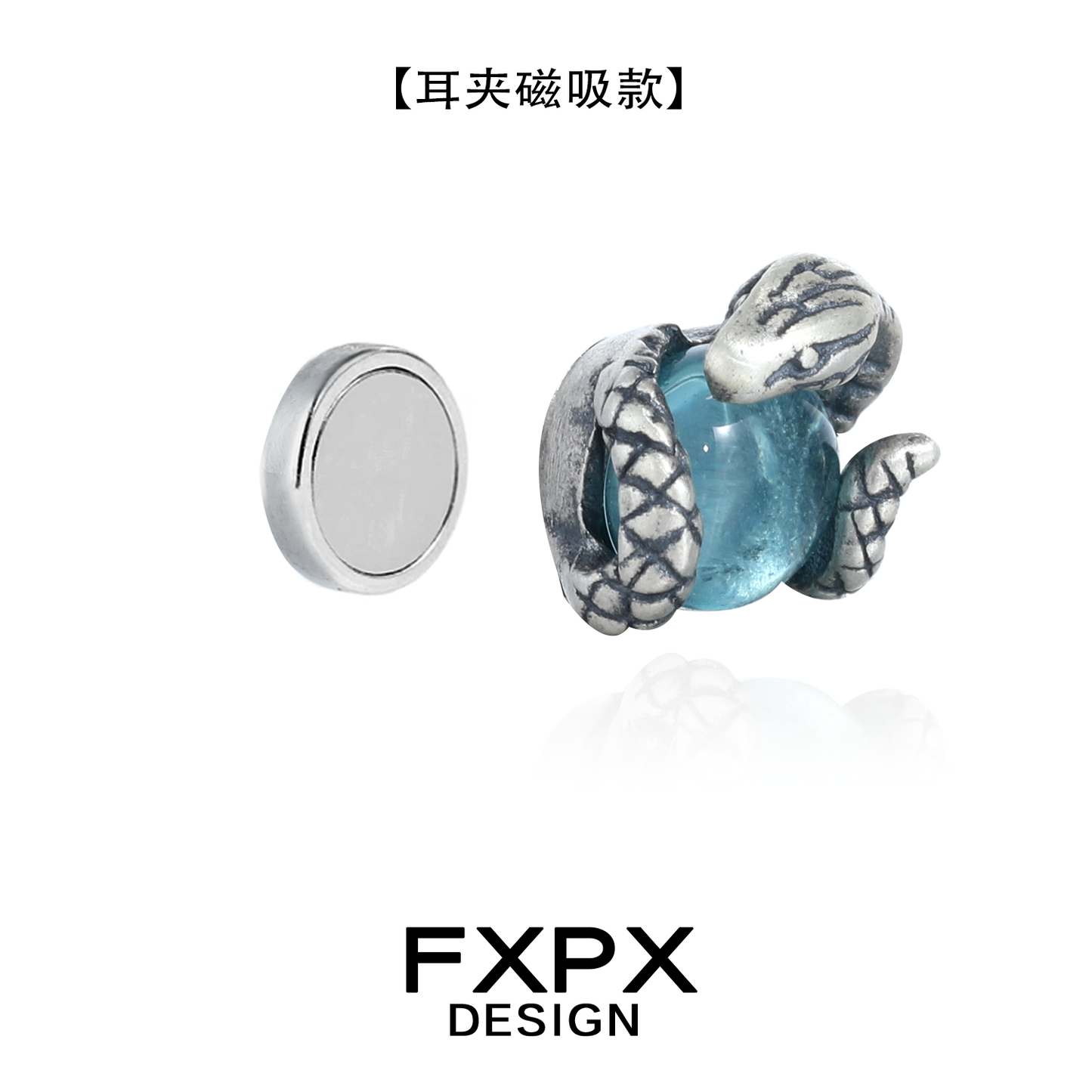 FXPX serpent ear cuffs featuring a silver snake design and a blue gemstone for a stylish look