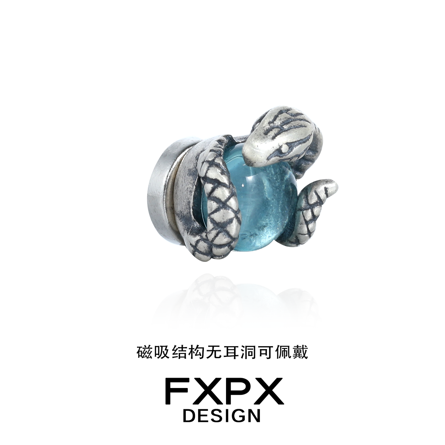FXPX serpent ear cuffs featuring a detailed snake design wrapped around a blue gemstone