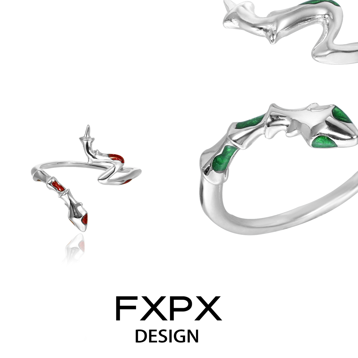 FXPX serpentine rings with elegant design and contrasting red and green accents