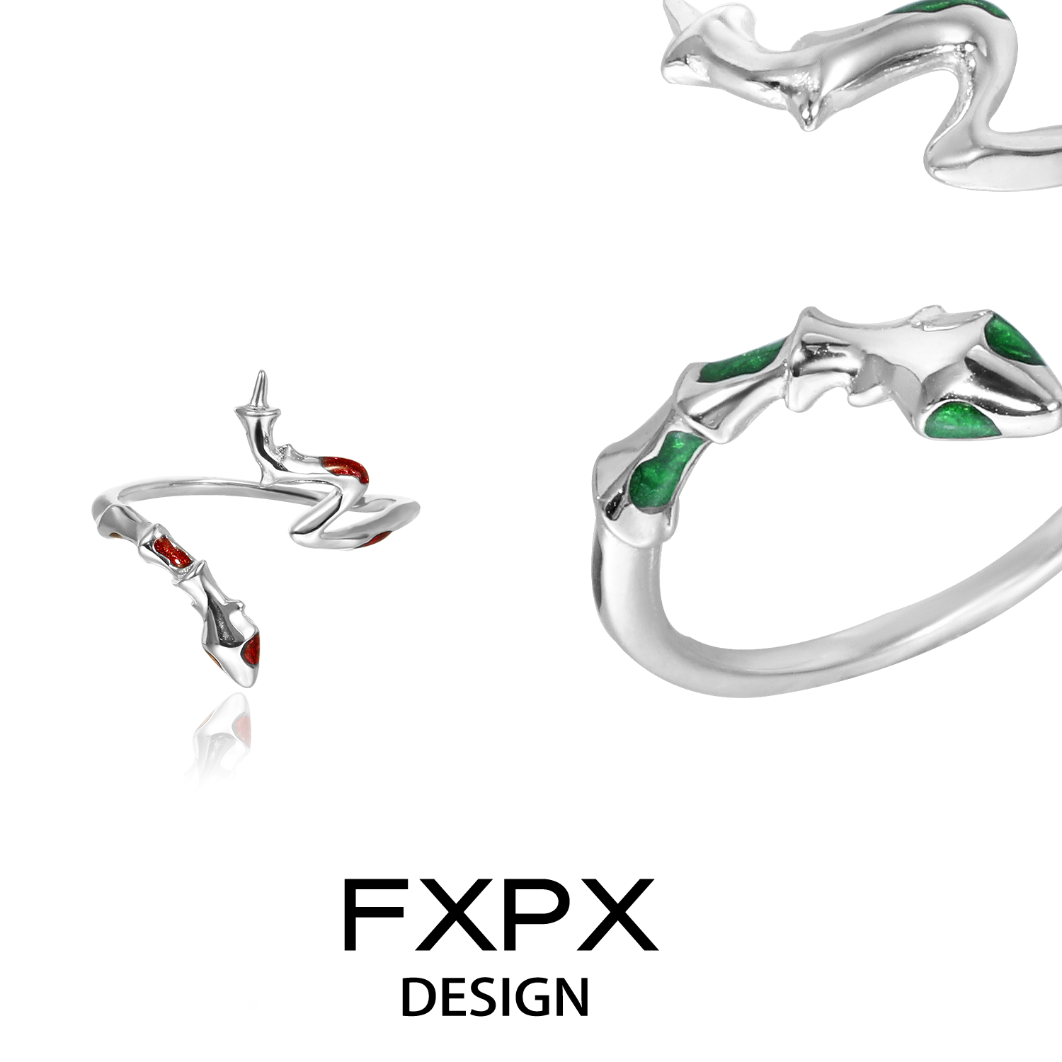 FXPX serpentine rings with elegant design and contrasting red and green accents