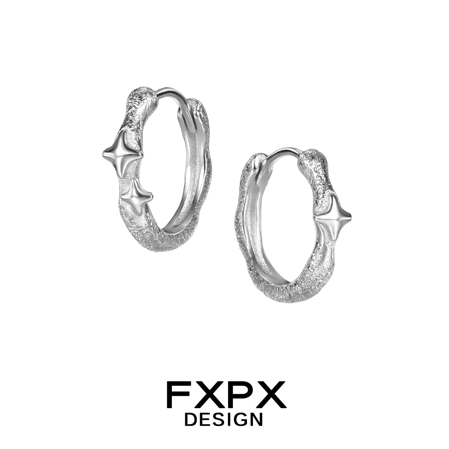 FXPX shattered star silver earrings featuring a unique textured design with shimmering accents