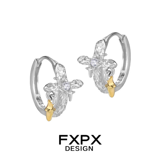 FXPX silver axis cross earrings featuring gold accents and sparkling details for a stylish look