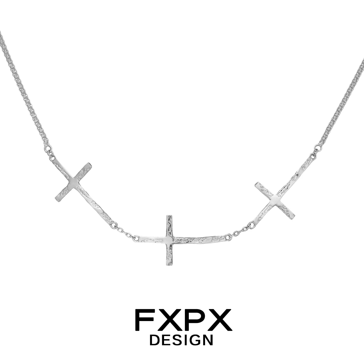 Stylish silver cross necklace by FXPX featuring multiple textured crosses on a delicate chain
