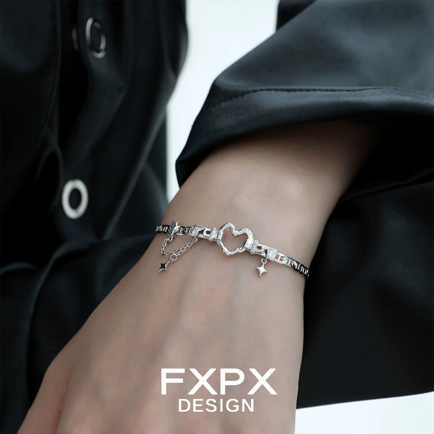 FXPX silver geometric heart bracelet with delicate chains and star charms for a stylish look