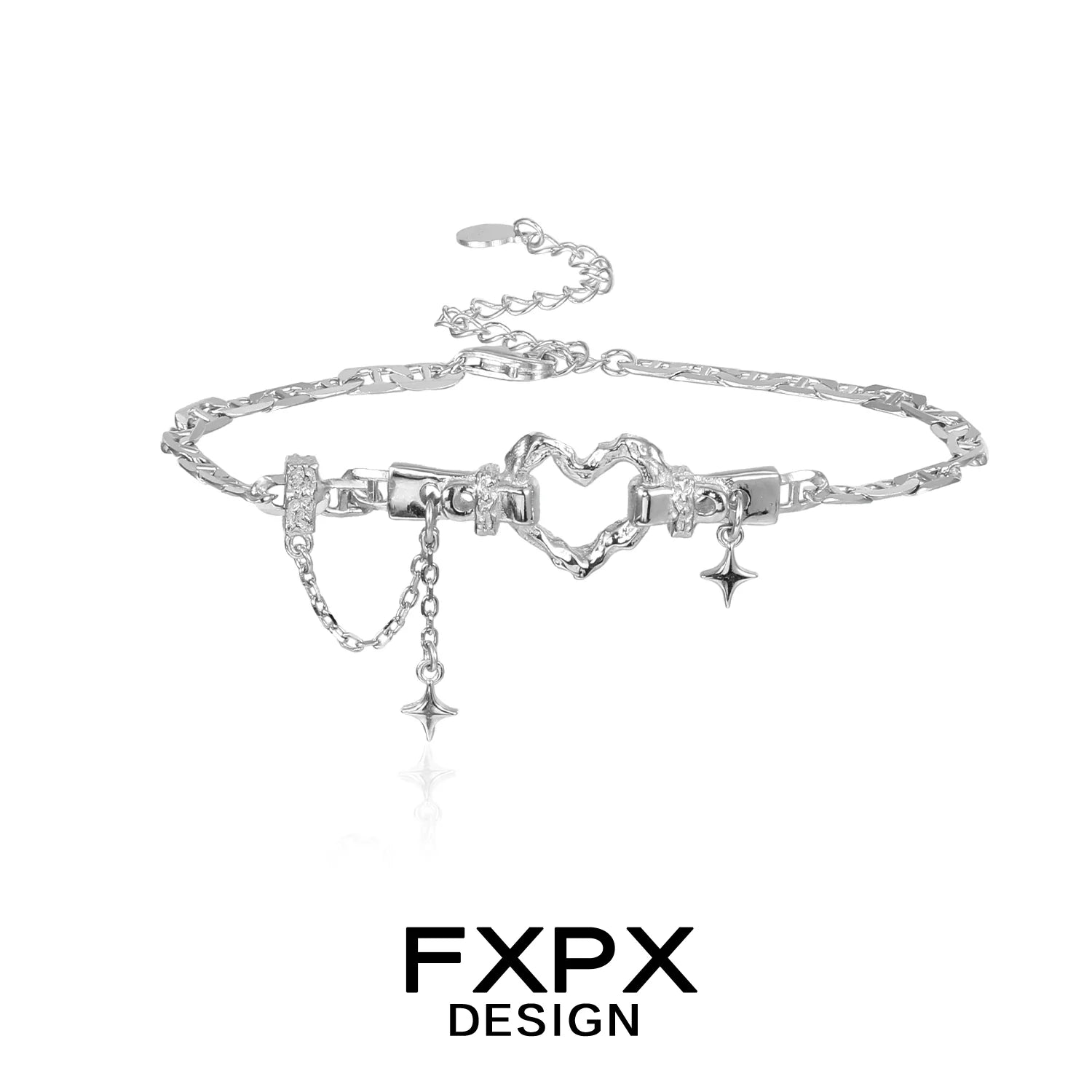 FXPX silver geometric heart bracelet with a unique chain design and star charms for stylish accessories