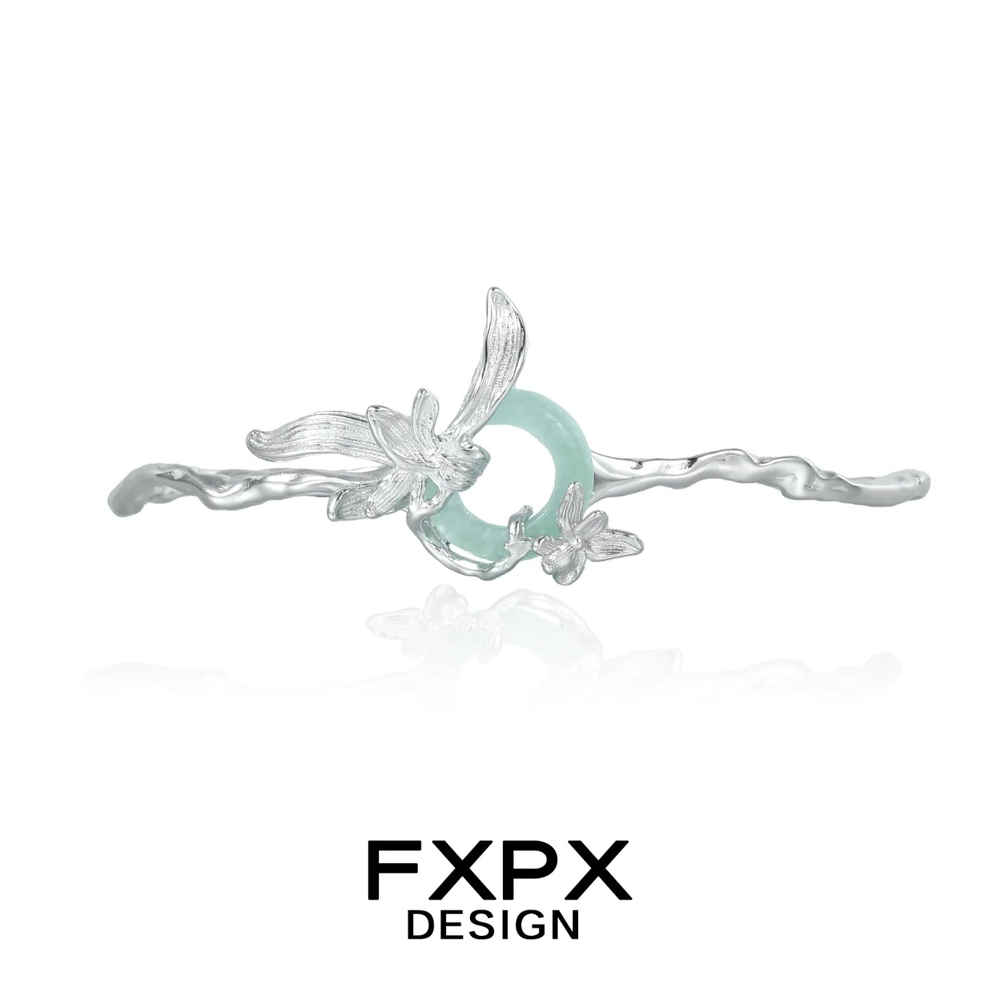 Elegant silver iris flower bracelet featuring a delicate design and a green stone centerpiece
