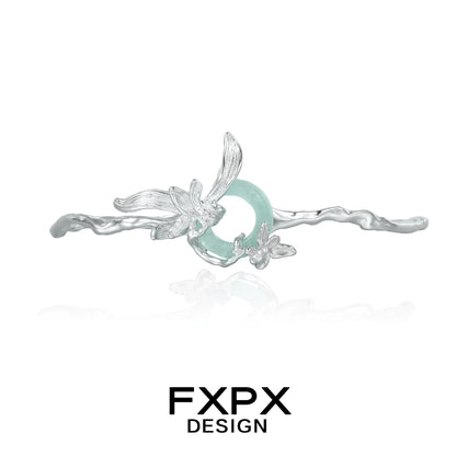 Elegant silver iris flower bracelet featuring a delicate design and a green stone centerpiece