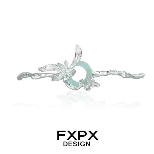 Elegant silver iris flower bracelet featuring a delicate design and a green stone centerpiece