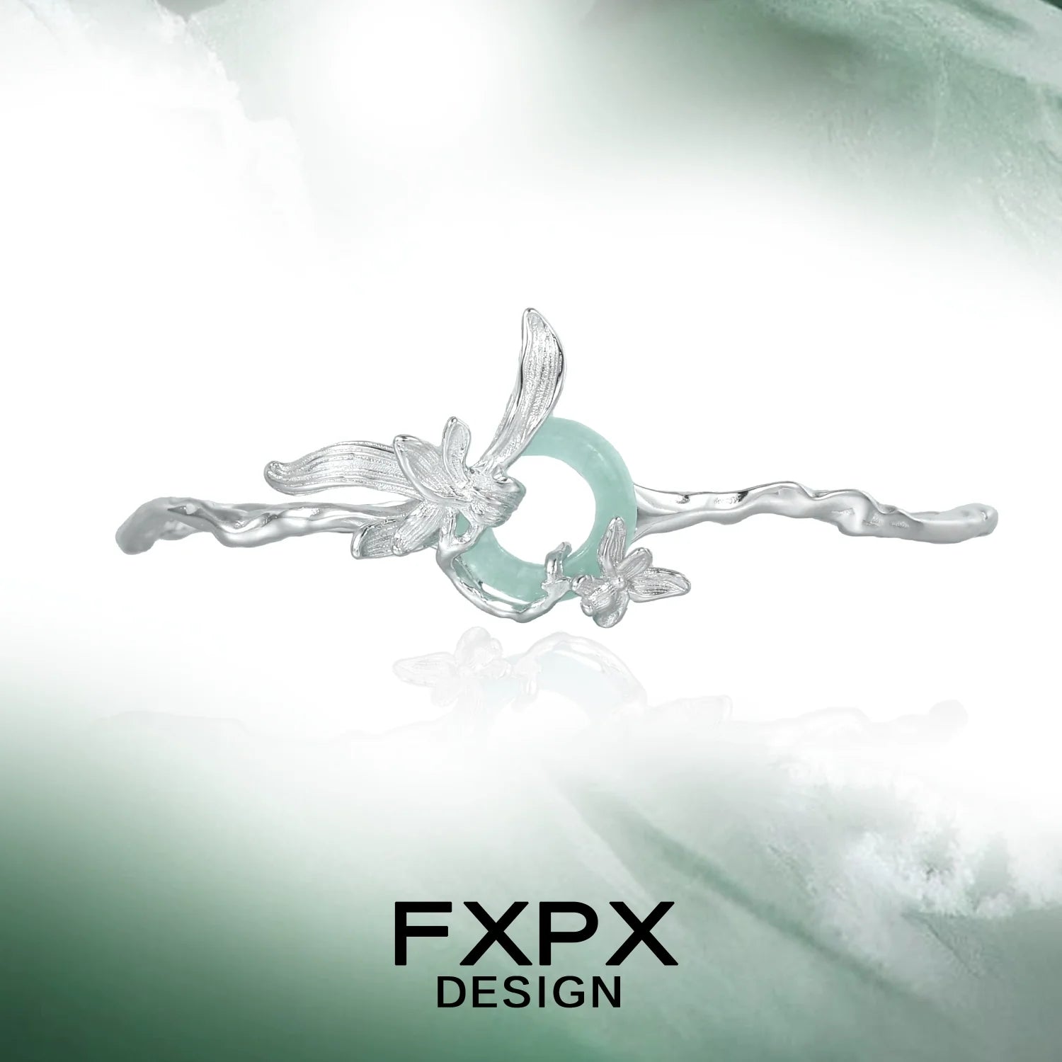 FXPX silver iris flower bracelet featuring elegant design with silver and green accents